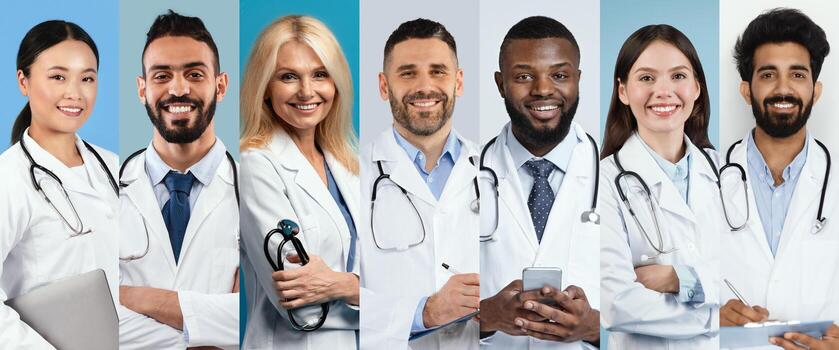 Diverse group of seven doctors in white coats with stethoscopes, smiling at the camera.