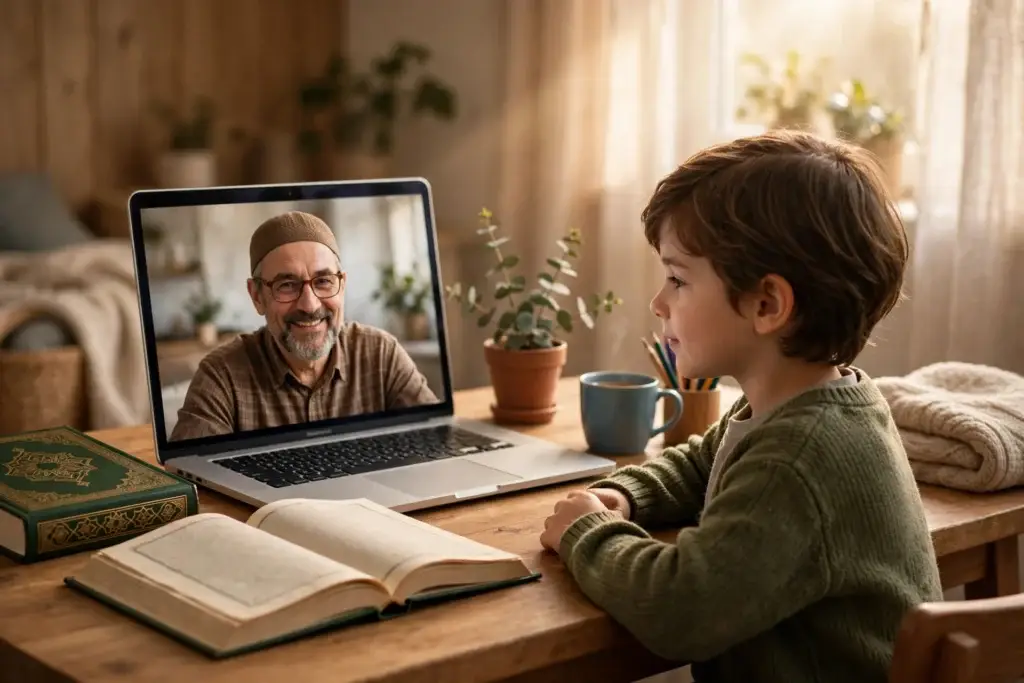 Child attending an online Quran class on a laptop at home