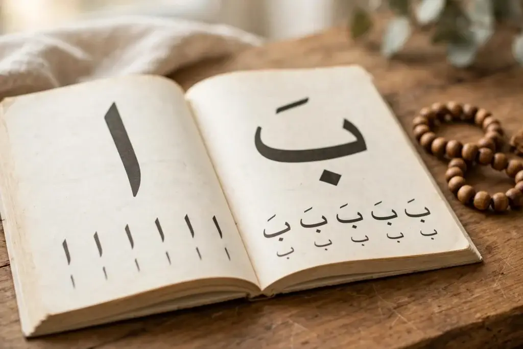 Open Noorani Qaida book showing Arabic letters